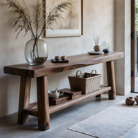 Solid Wood Console Table with Lower Shelf – Modern Natural Craft - Rustirawood