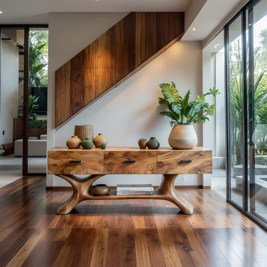 Solid Wood Console Table with Organic Sculptural Base & Drawers - Rustirawood