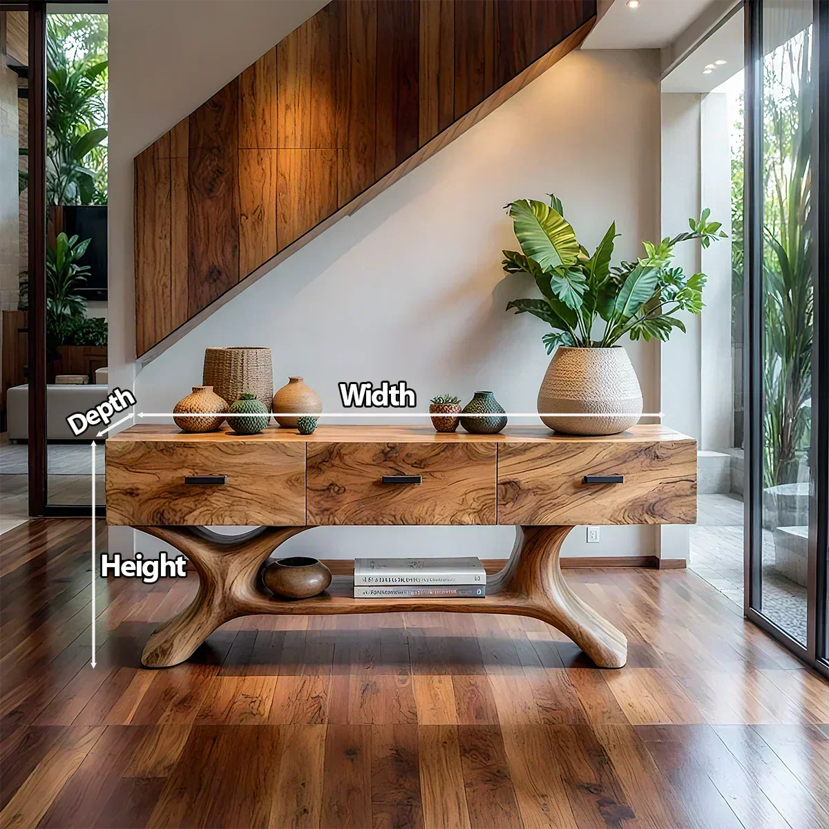 Solid Wood Console Table with Organic Sculptural Base & Drawers - Woodrooted