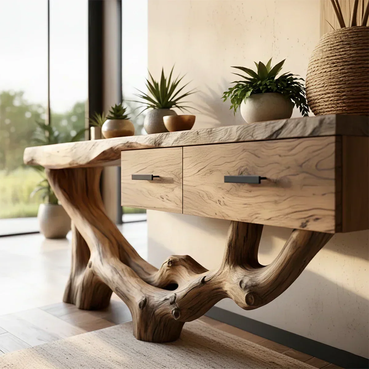 Solid Wood Console Table with Raw-Edge Top & Sculpted Root-Form Base - Rustirawood