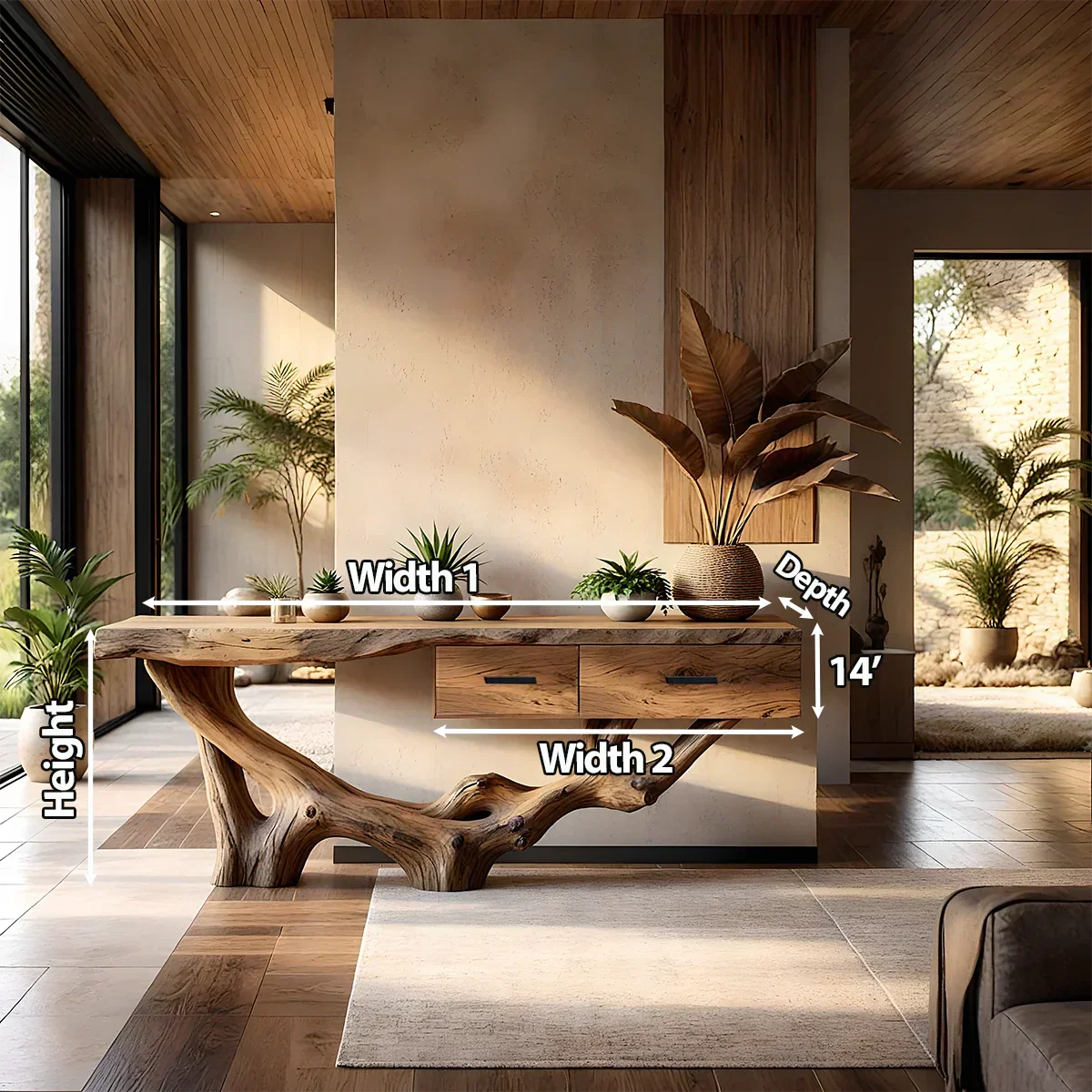 Solid Wood Console Table with Raw-Edge Top & Sculpted Root-Form Base - Rustirawood