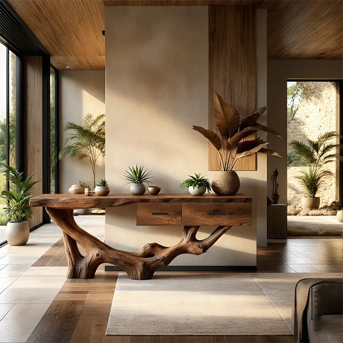 Solid Wood Console Table with Raw-Edge Top & Sculpted Root-Form Base - Rustirawood