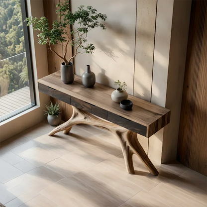Solid Wood Console Table with Sculptural Branch-Form Base & Drawers - Rustirawood