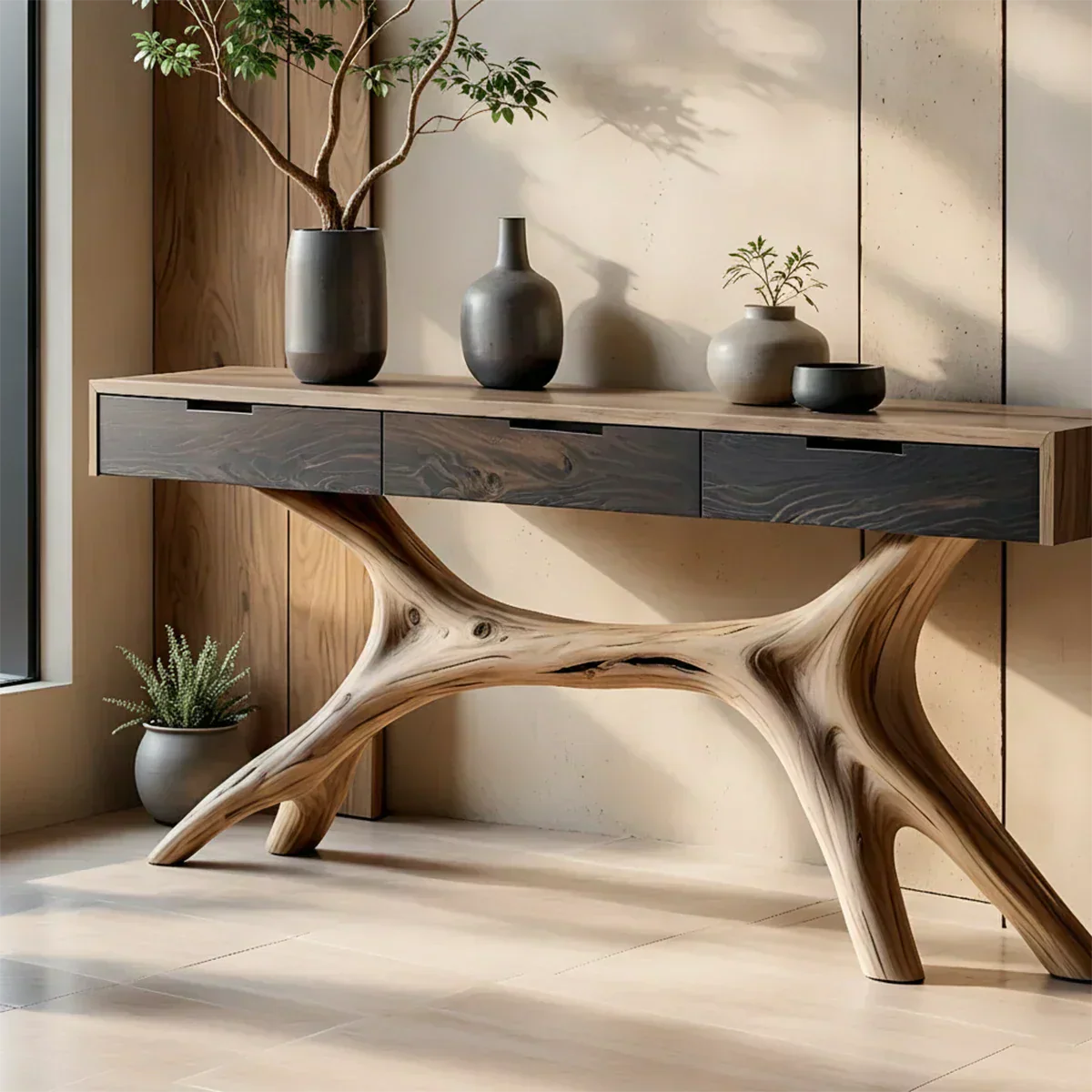 Solid Wood Console Table with Sculptural Branch-Form Base & Drawers - Rustirawood