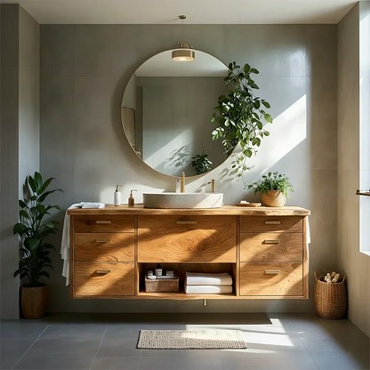 Solid Wood Double Floating Vanity with Stone Basin - Rustirawood