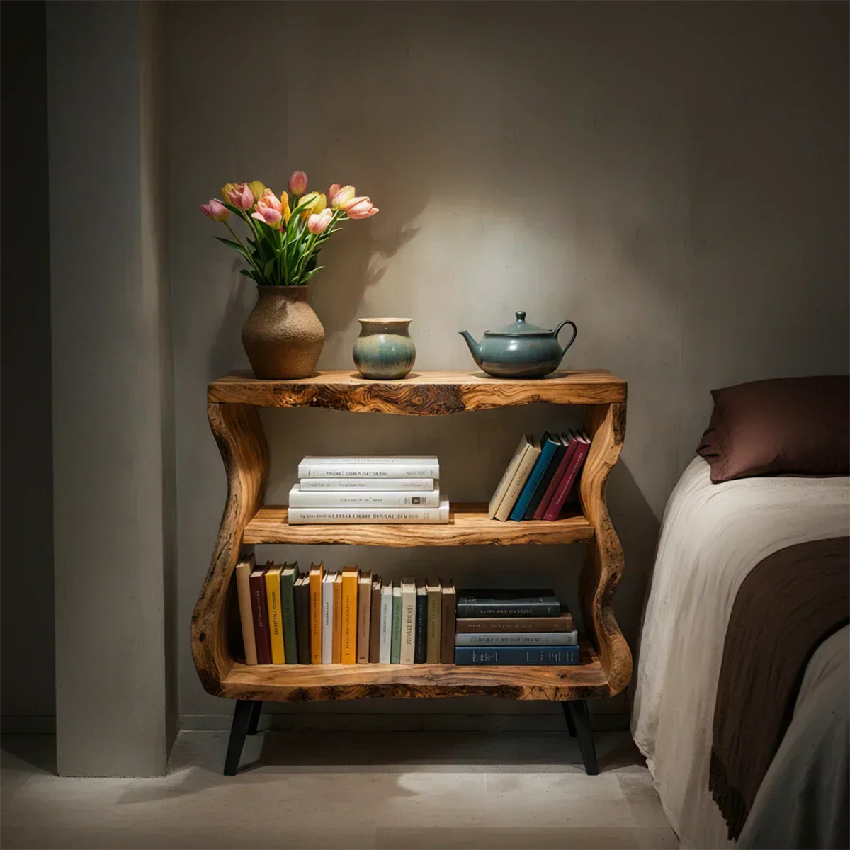 Solid Wood Nightstand – Curved Bookshelf Design - Rustirawood