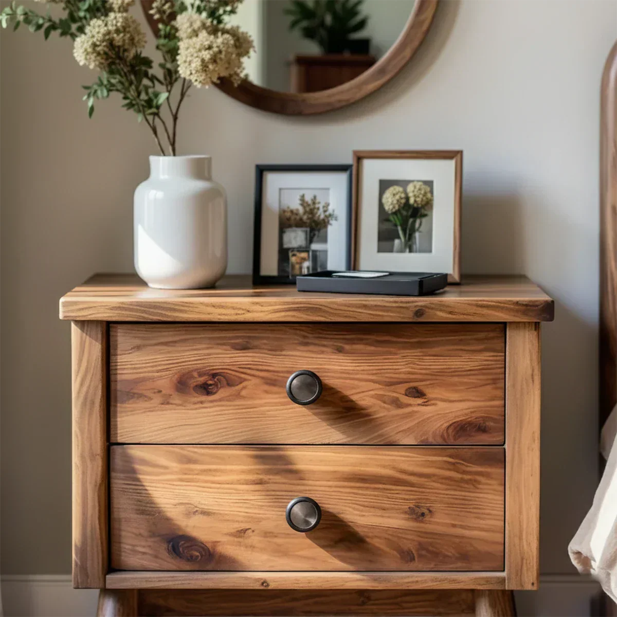 Solid Wood Scandinavian Nightstand – Two-Drawer Minimalist Design - Rustirawood