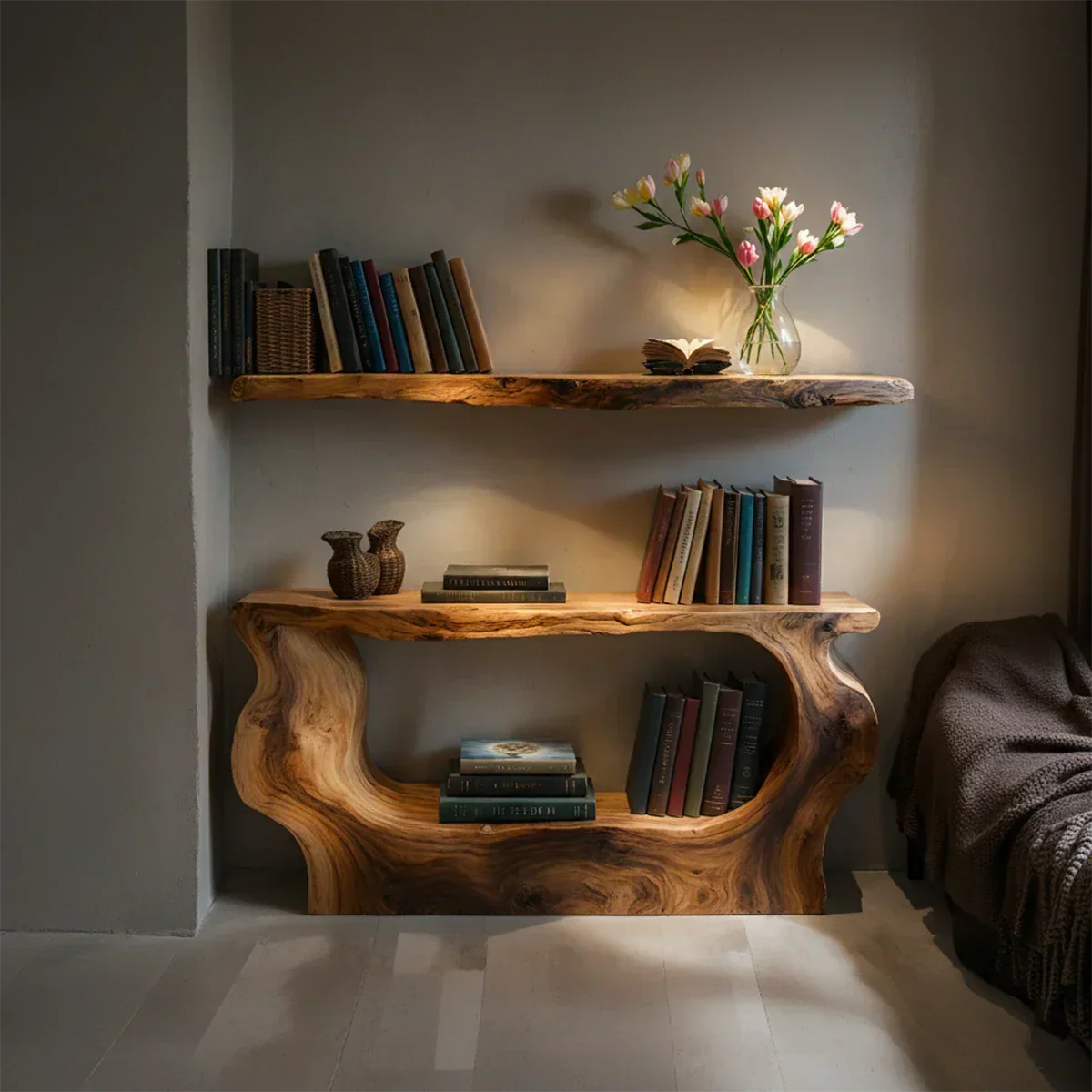 Solid Wood Sculptural Nightstand – Live-Edge Form - Rustirawood