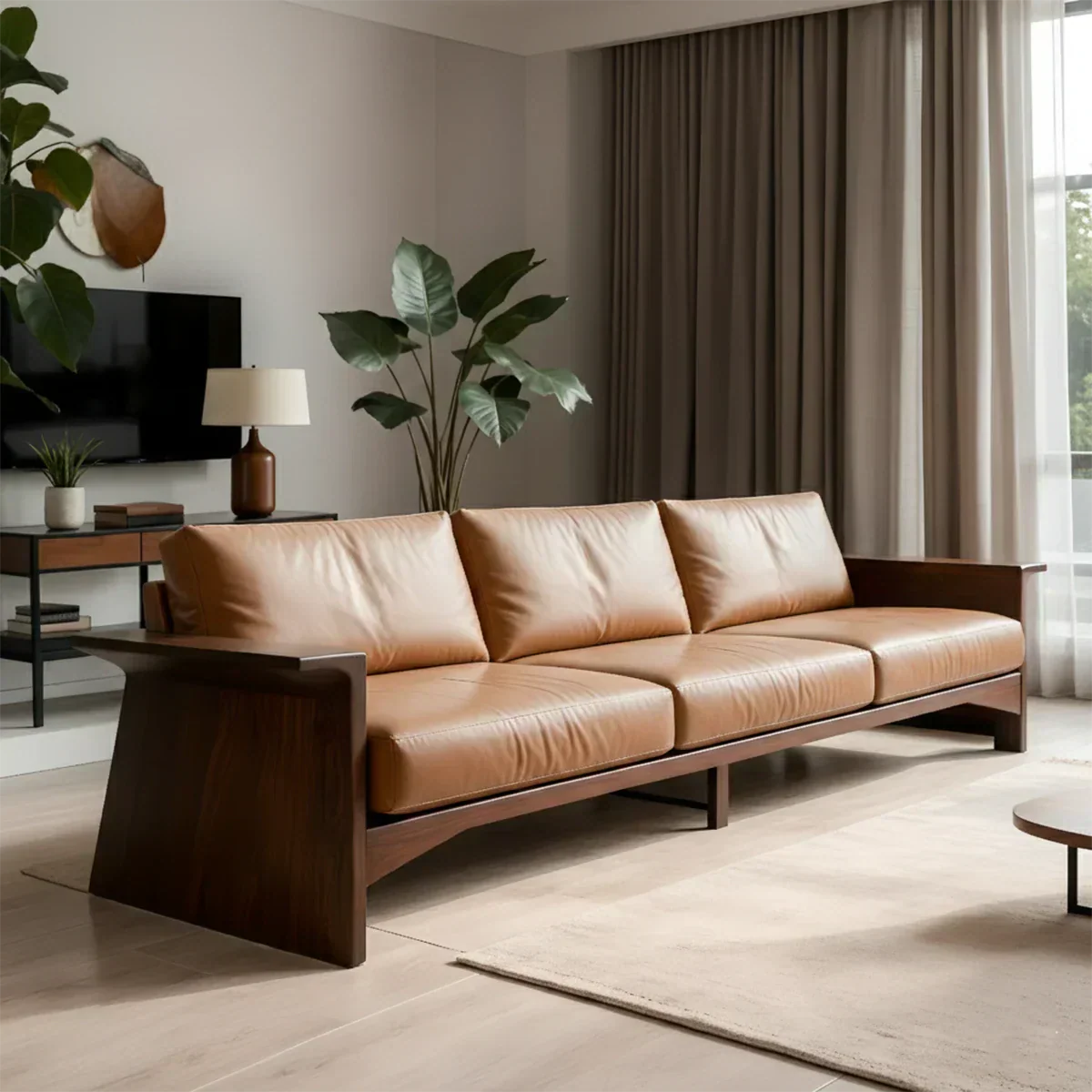 Solid Wood Sofa – Modern Warm Leather Harmony - Rustirawood