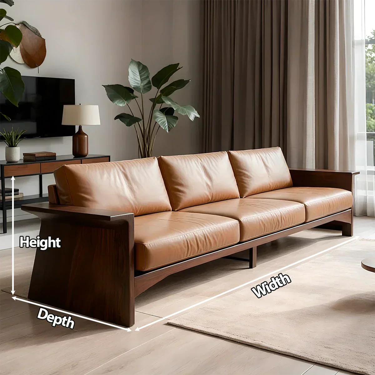 Solid Wood Sofa – Modern Warm Leather Harmony - Rustirawood