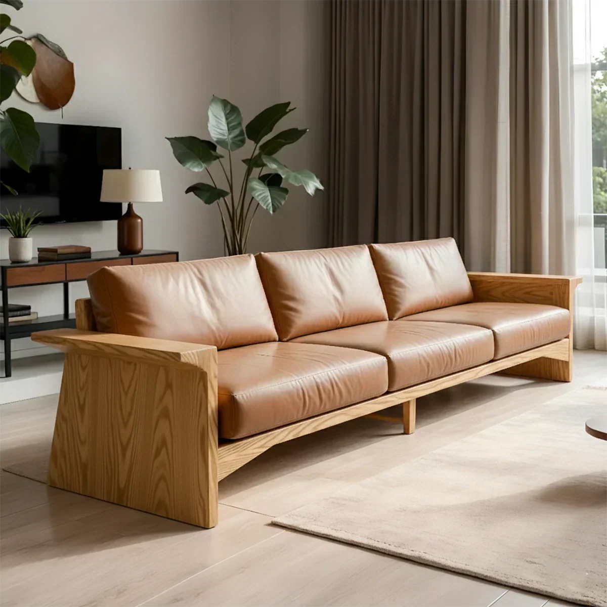 Solid Wood Sofa – Modern Warm Leather Harmony - Rustirawood