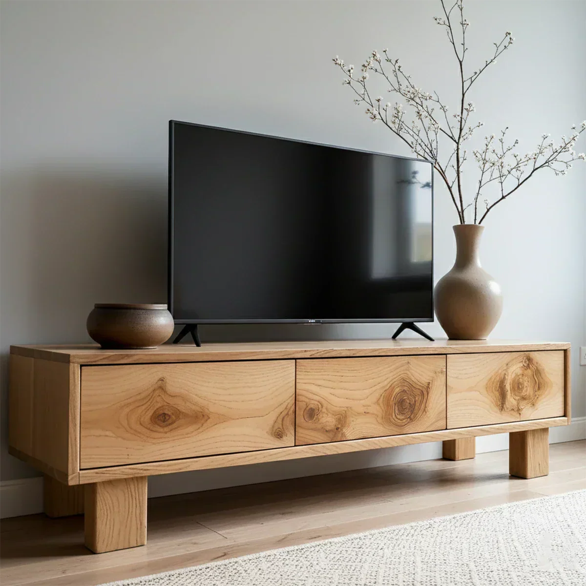 Solid Wood TV Stand – Minimalist Wabi Sabi Media Console with Natural Finish - Rustirawood