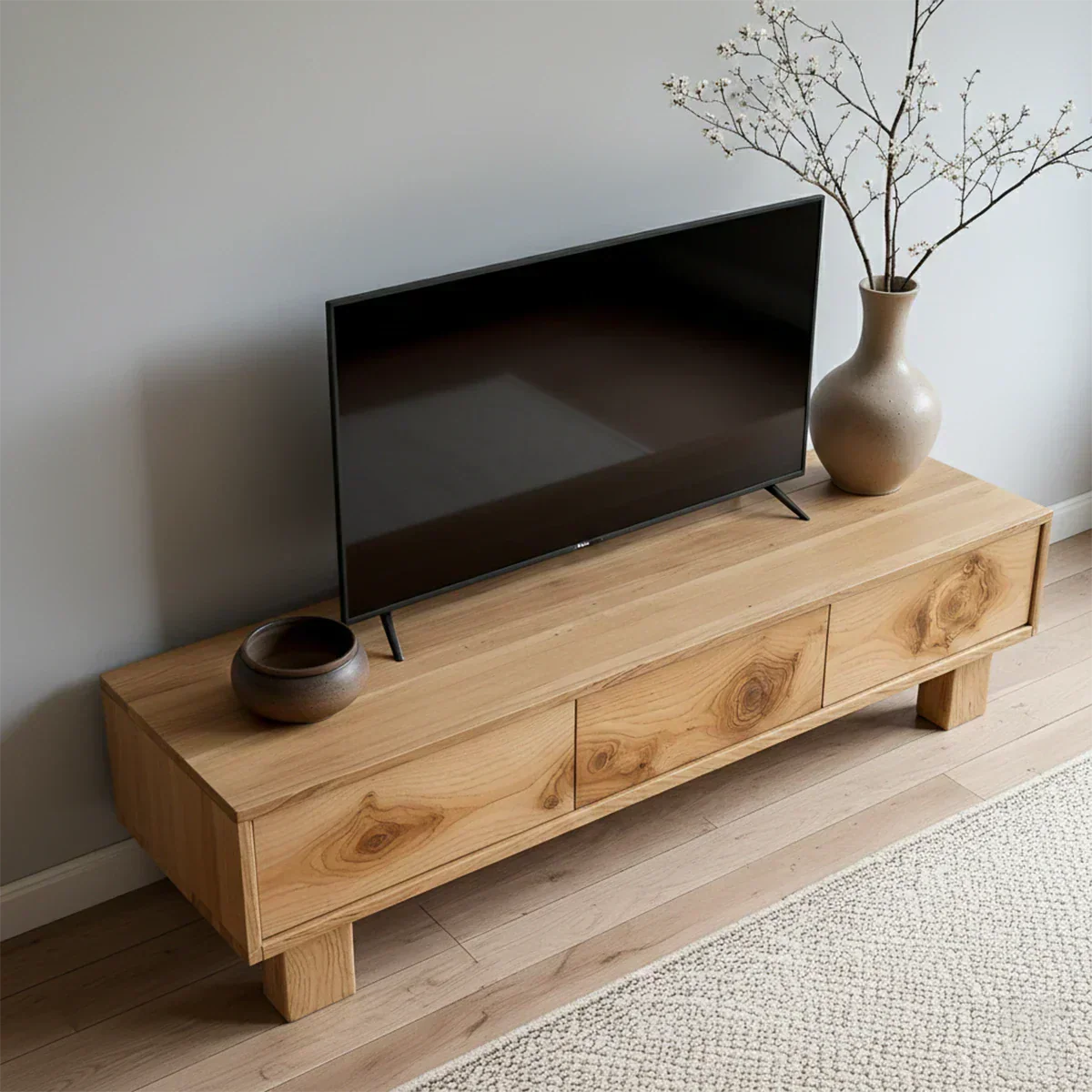 Solid Wood TV Stand – Minimalist Wabi Sabi Media Console with Natural Finish - Rustirawood