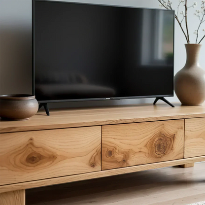 Solid Wood TV Stand – Minimalist Wabi Sabi Media Console with Natural Finish - Rustirawood