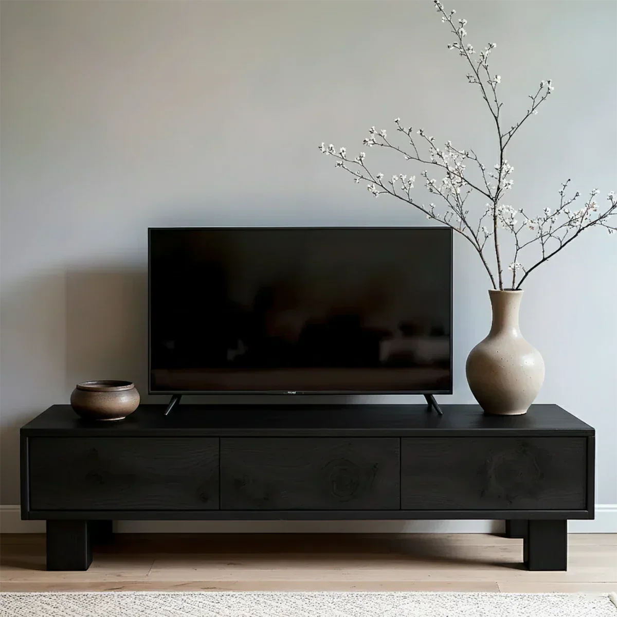 Solid Wood TV Stand – Minimalist Wabi Sabi Media Console with Natural Finish - Rustirawood