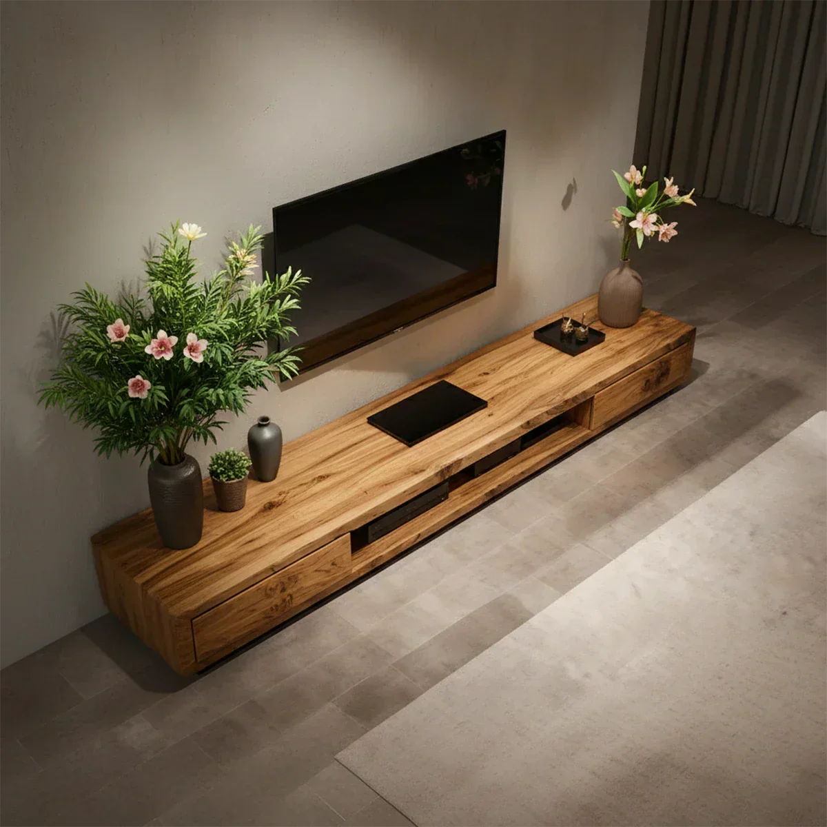 Solid Wood TV Stand – Modern Architectural Block Design - Rustirawood