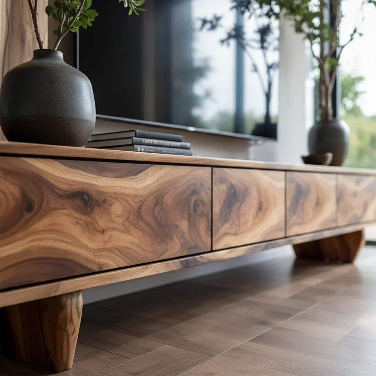 Solid Wood TV Stand – Wabi Sabi Media Console with Deep Natural Grain - Rustirawood