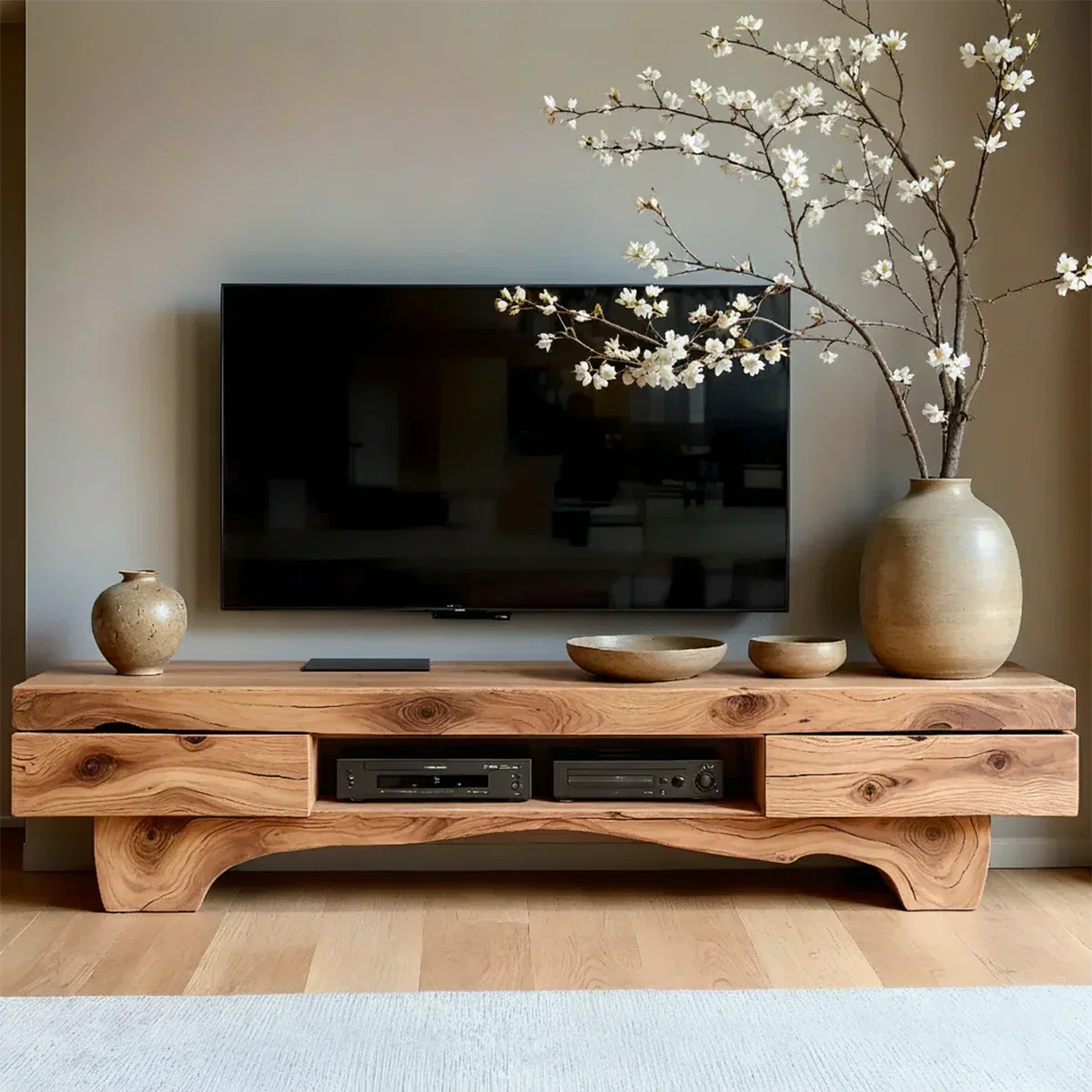 Solid Wood TV Stand – Wabi Sabi Media Console with Natural Finish & Handcrafted Details - Rustirawood