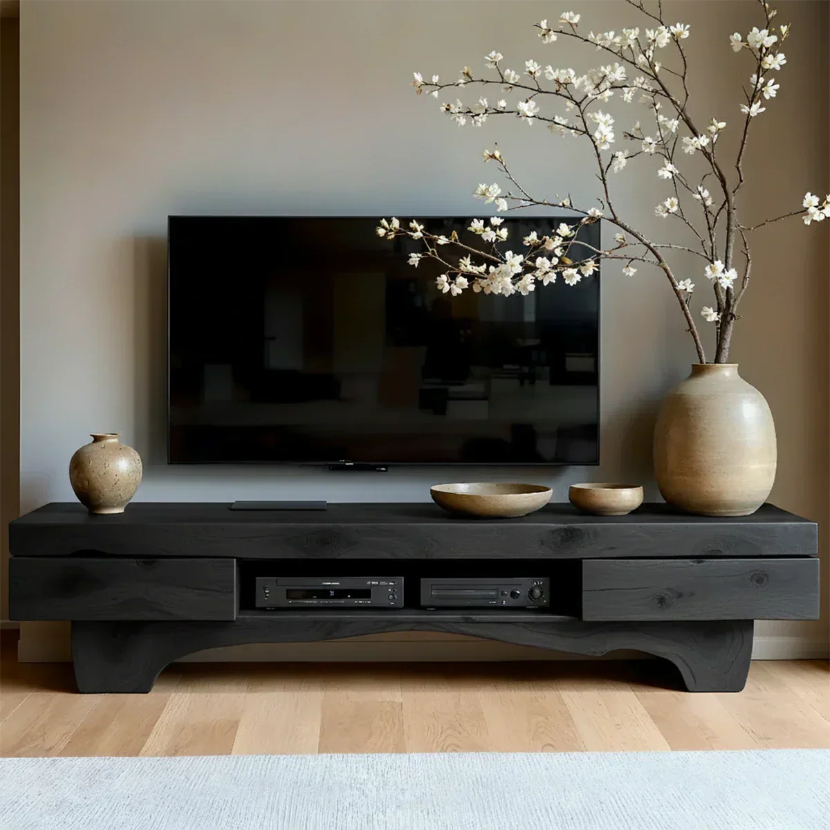 Solid Wood TV Stand – Wabi Sabi Media Console with Natural Finish & Handcrafted Details - Rustirawood