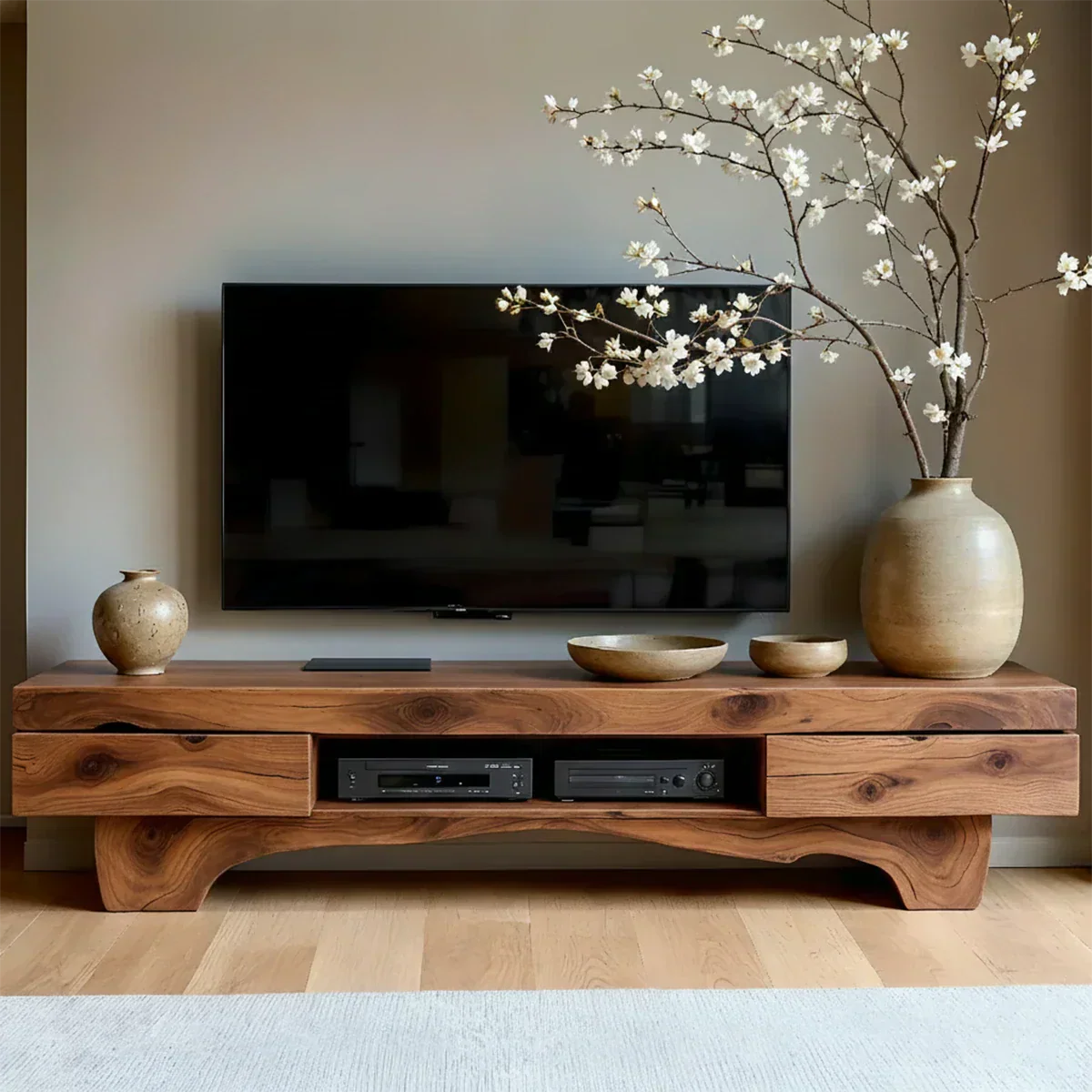 Solid Wood TV Stand – Wabi Sabi Media Console with Natural Finish & Handcrafted Details - Rustirawood