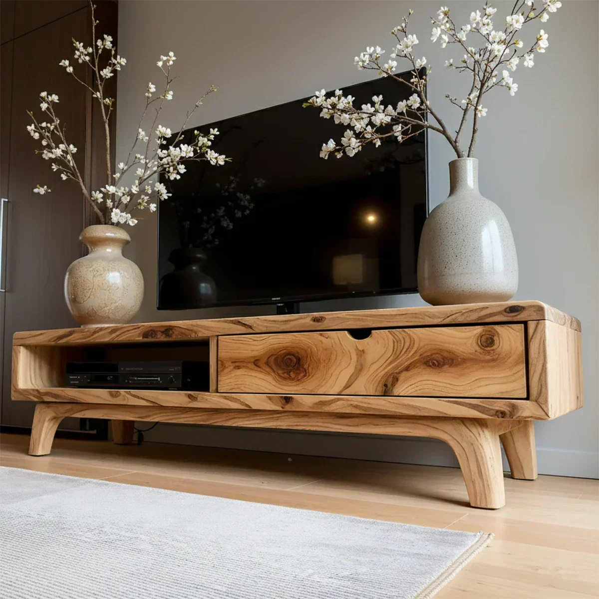 Solid Wood TV Stand – Wabi Sabi Media Console with Warm Natural Grain - Rustirawood