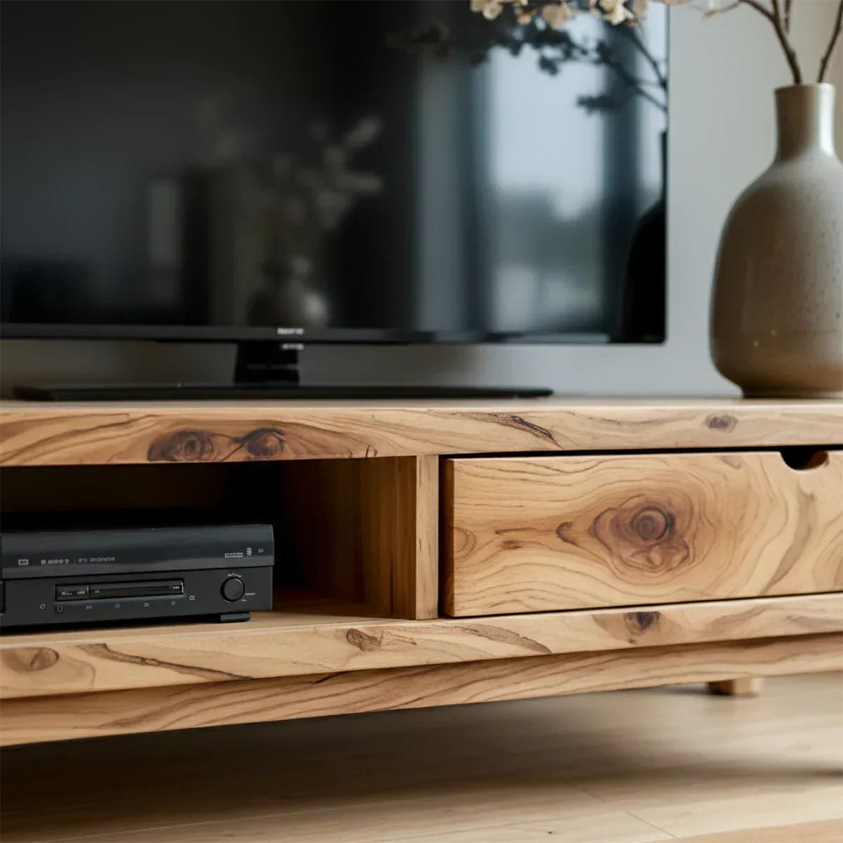 Solid Wood TV Stand – Wabi Sabi Media Console with Warm Natural Grain - Rustirawood