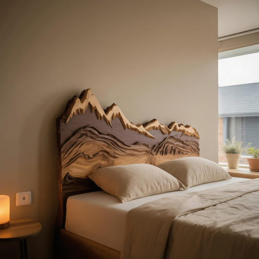 Mountain Headboard Carved For Queen And King Bed In Rustic Bedroom