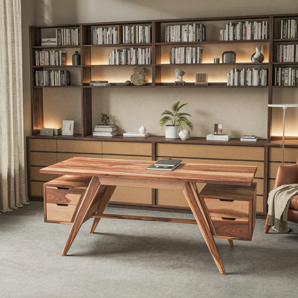 Modern Executive Wooden Desk With Angled Legs And Drawers For Home Office