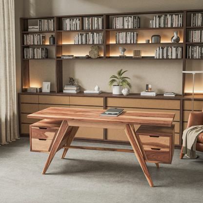Modern Executive Wooden Desk With Angled Legs And Drawers For Home Office