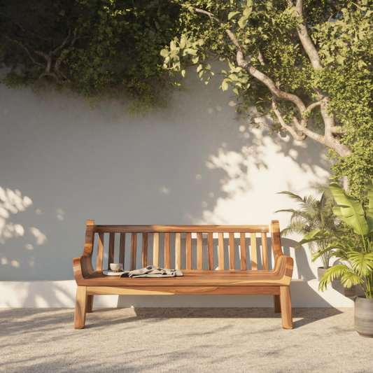 Contemporary Outdoor Wooden Bench With Curved Armrests For Garden Or Porch
