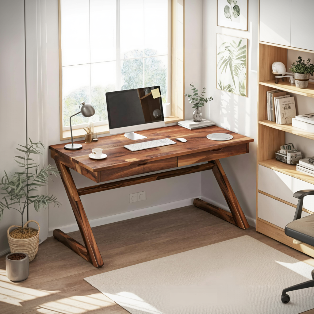 Modern Z Leg Wooden Writing Desk With Drawers For Home Office Or Studio