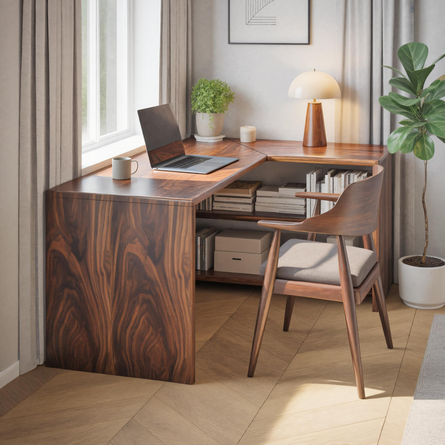Modern L Shaped Wooden Desk With Bookshelf For Home Office Or Study