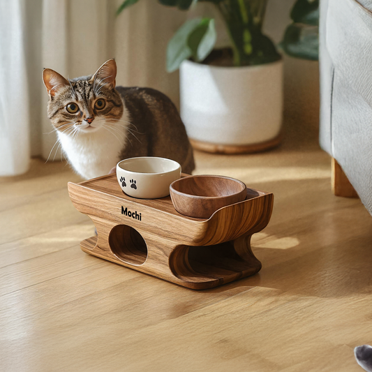 Mid Century Dog Food Bowl Stand With Wooden Base