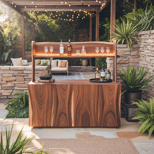 Outdoor Live Edge Bar Table With Curved Shelf For Patio Or Garden