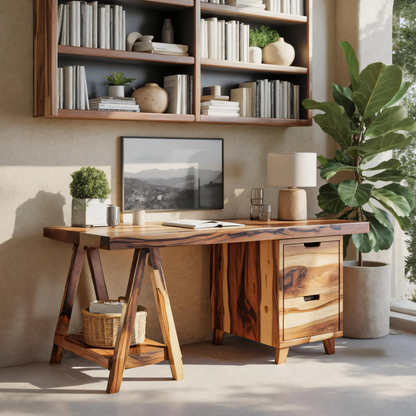 Modern Rustic Wood Desk With Drawers And A Frame Legs For Home Office