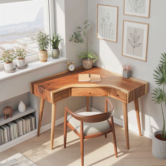 Mid Century Corner Wooden Desk With Drawer For Home Office Or Study