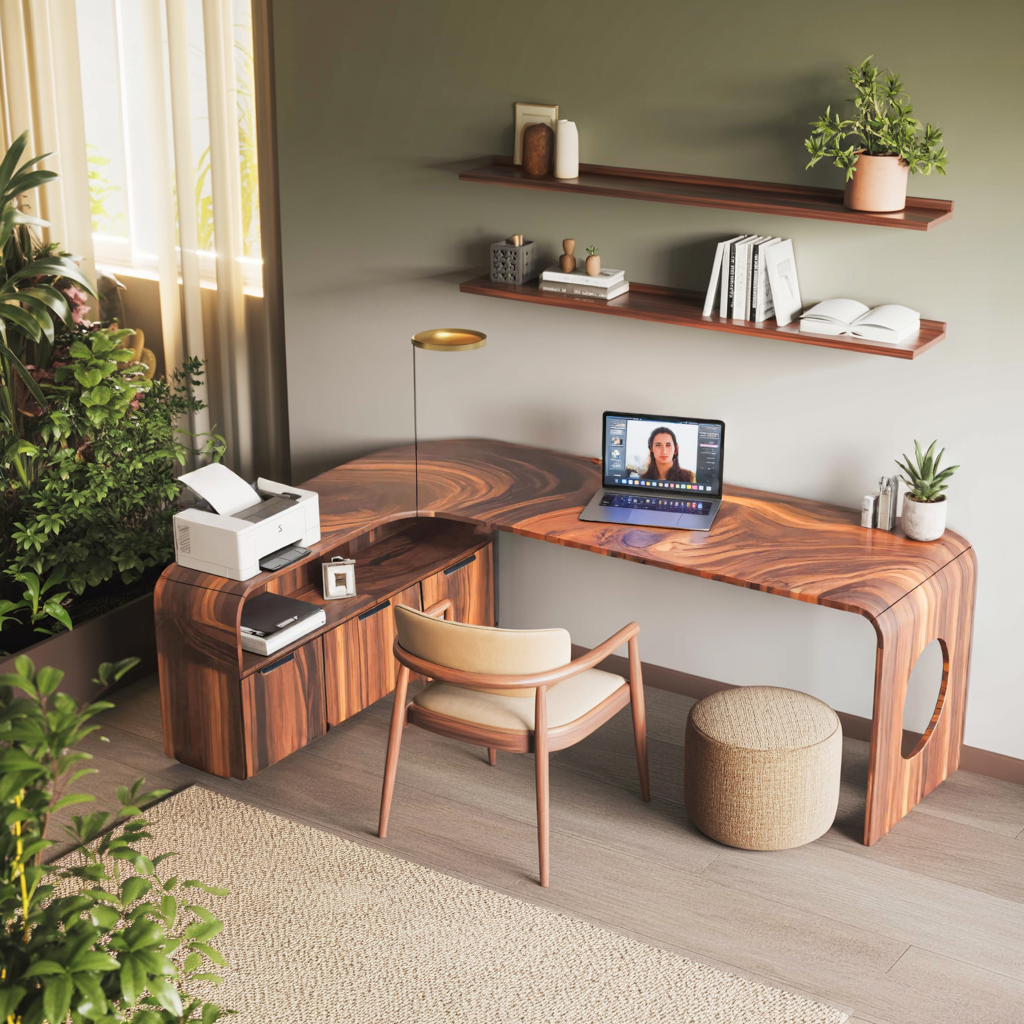 Modern L Shaped Wooden Desk With Rounded Corners For Executive Office