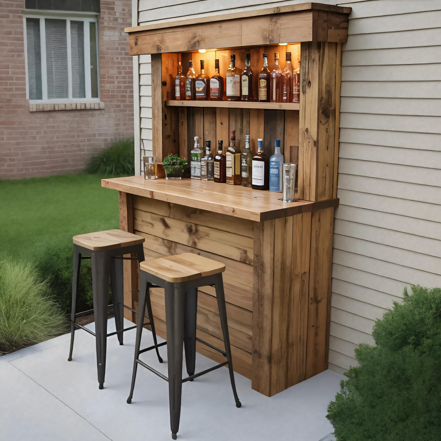 Rustic Wall Mounted Outdoor Bar With Shelves And Lights For Garden Or Patio