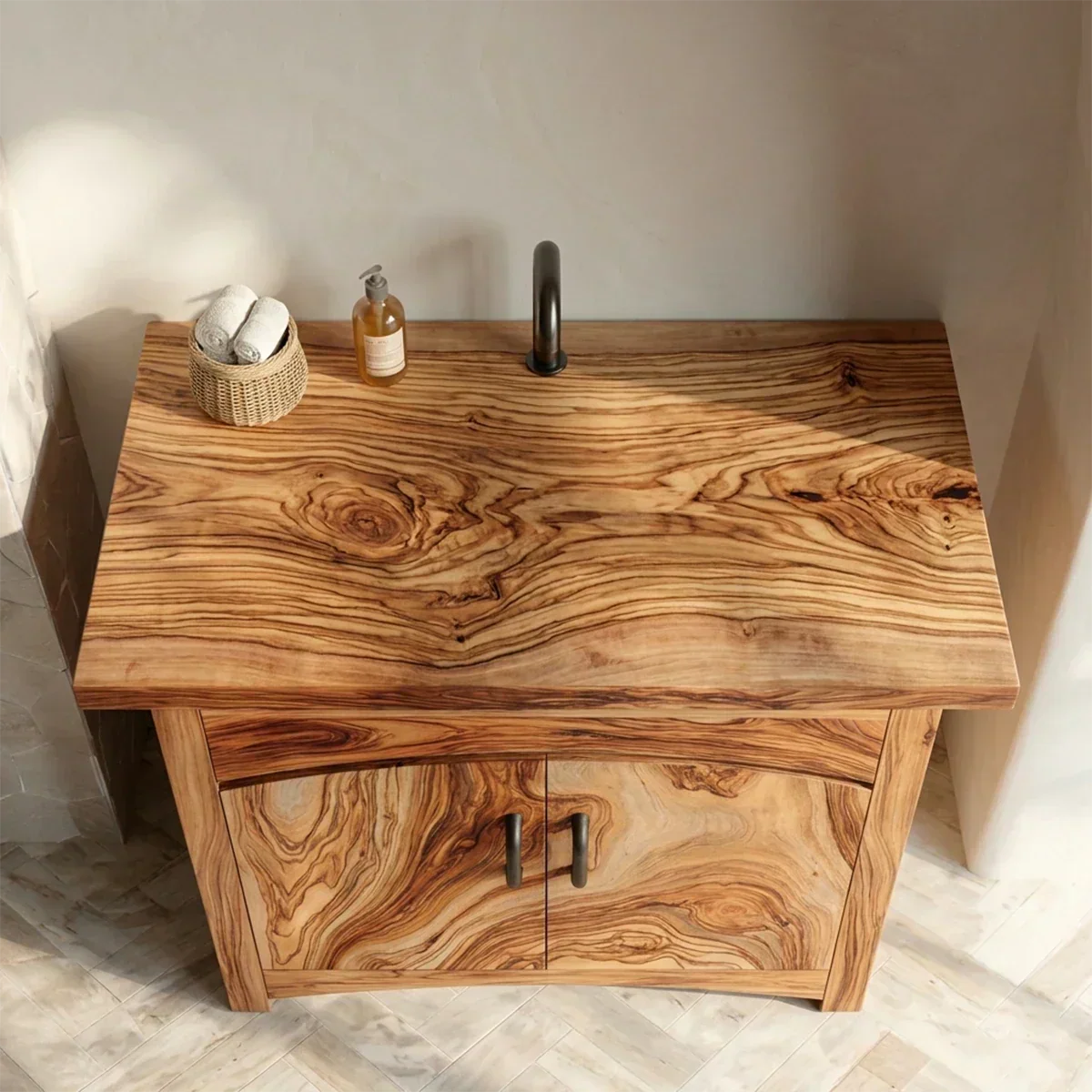 Traditional Bathroom Vanity Cabinet in Natural Solid Wood - Rustirawood
