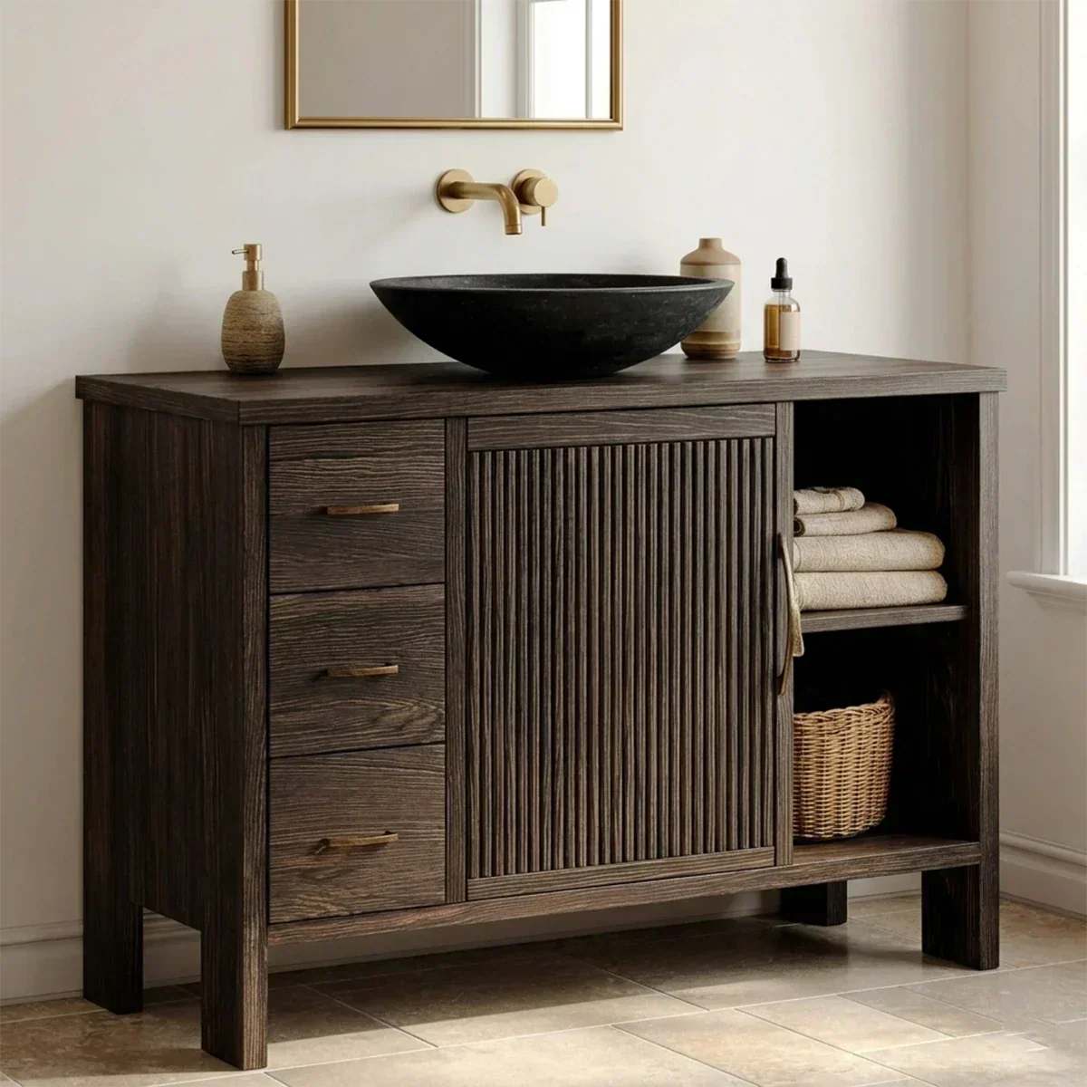 Traditional Bathroom Vanity Cabinet with Drawer Storage in Natural Solid Wood - Rustirawood