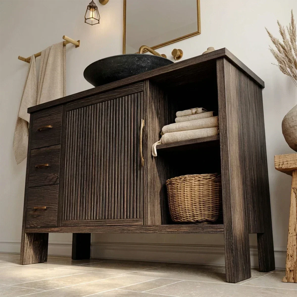 Traditional Bathroom Vanity Cabinet with Drawer Storage in Natural Solid Wood - Rustirawood