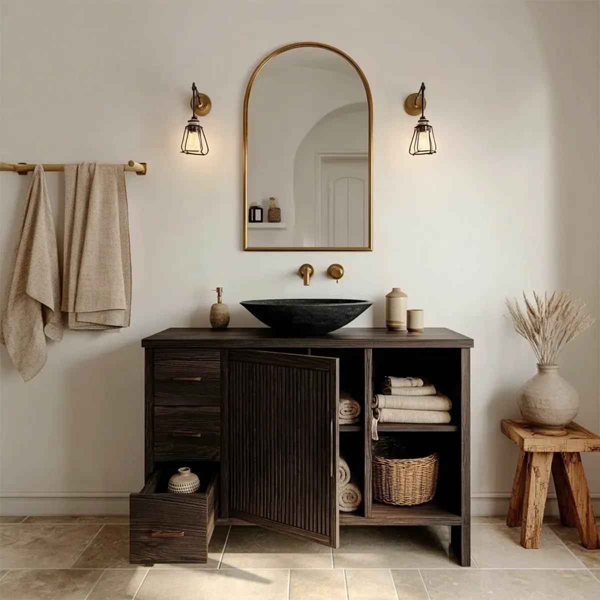 Traditional Bathroom Vanity Cabinet with Drawer Storage in Natural Solid Wood - Rustirawood
