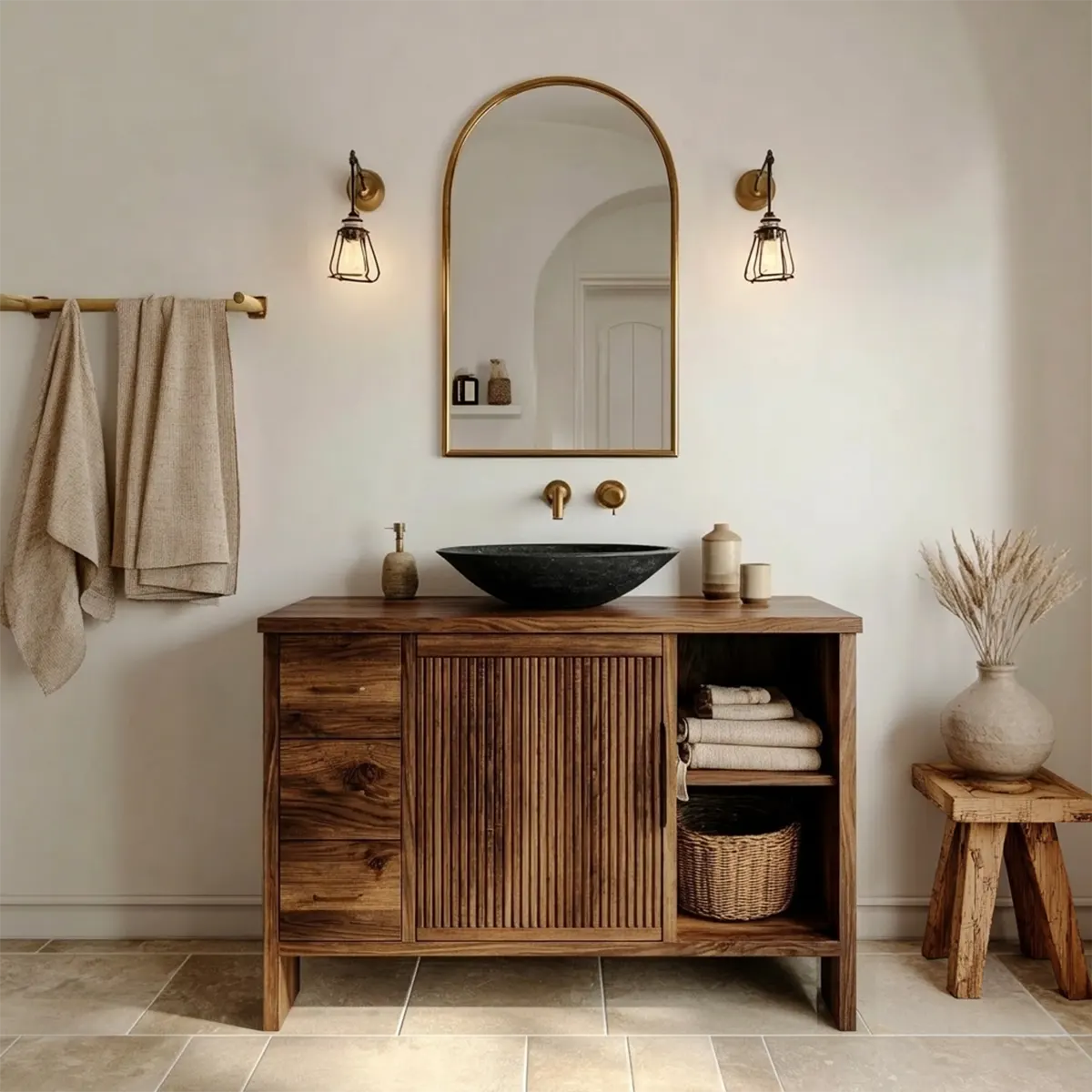 Traditional Bathroom Vanity Cabinet with Drawer Storage in Natural Solid Wood - Rustirawood