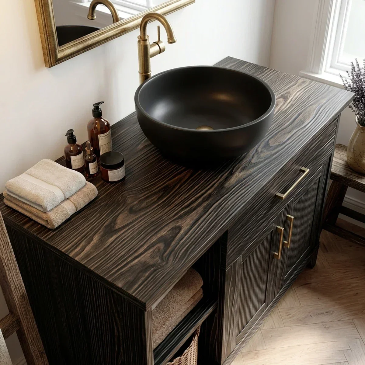 Traditional Bathroom Vanity Cabinet with Storage in Natural Solid Wood - Rustirawood