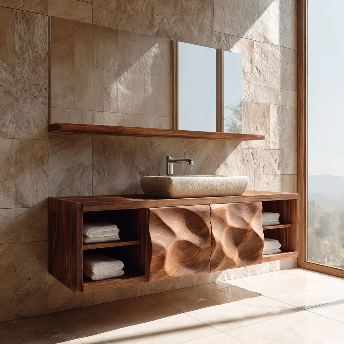 Traditional Natural Solid Wood Bathroom Vanity Cabinet with Hand Carved Doors - Rustirawood