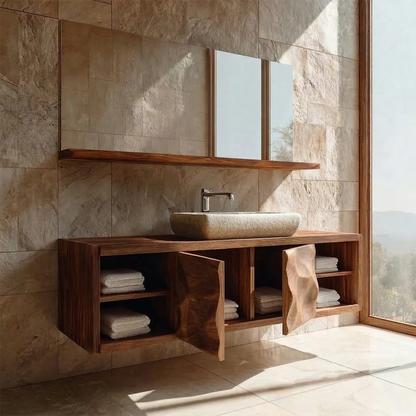 Traditional Natural Solid Wood Bathroom Vanity Cabinet with Hand Carved Doors - Rustirawood