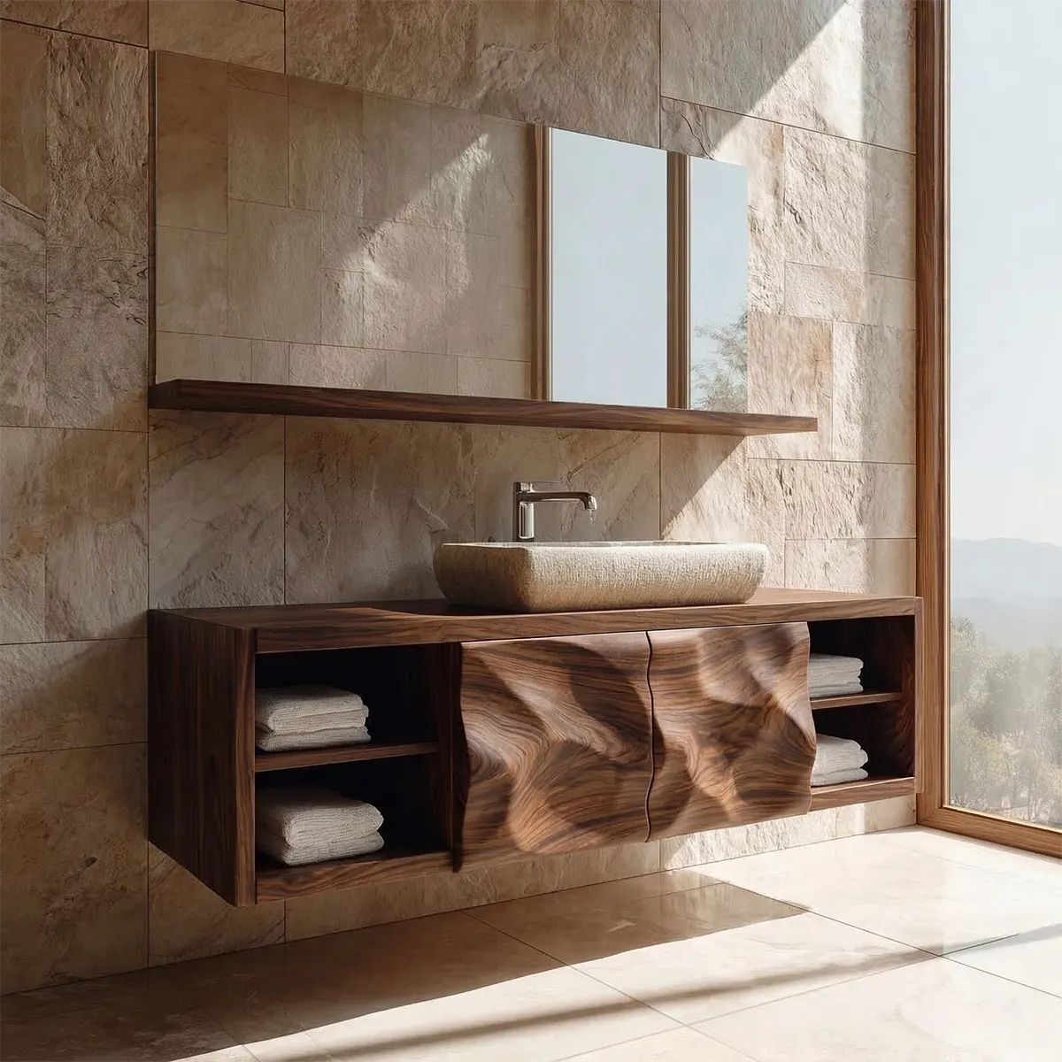Traditional Natural Solid Wood Bathroom Vanity Cabinet with Hand Carved Doors - Rustirawood