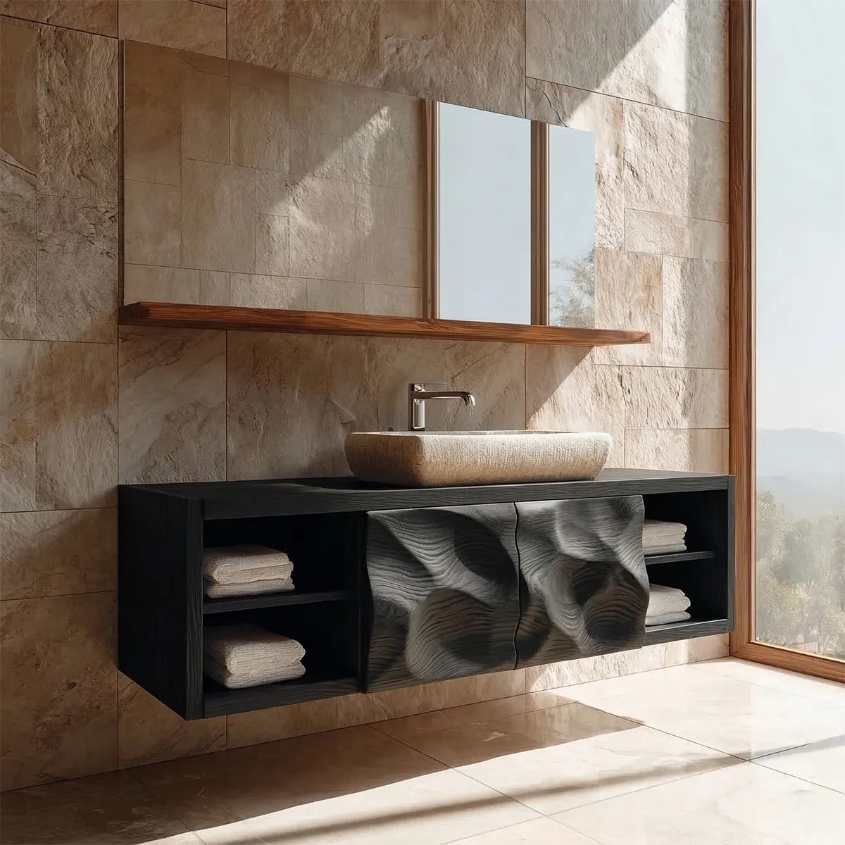 Traditional Natural Solid Wood Bathroom Vanity Cabinet with Hand Carved Doors - Rustirawood