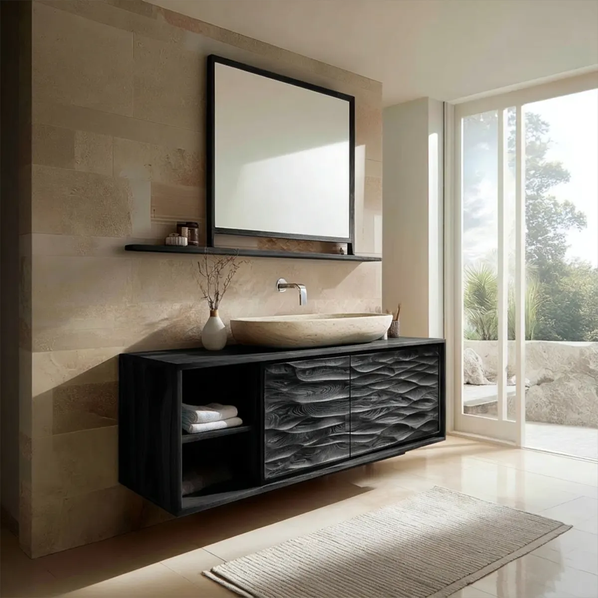 Traditional Solid Wood Bathroom Vanity Cabinet with Hand Carved Wood Doors - Rustirawood