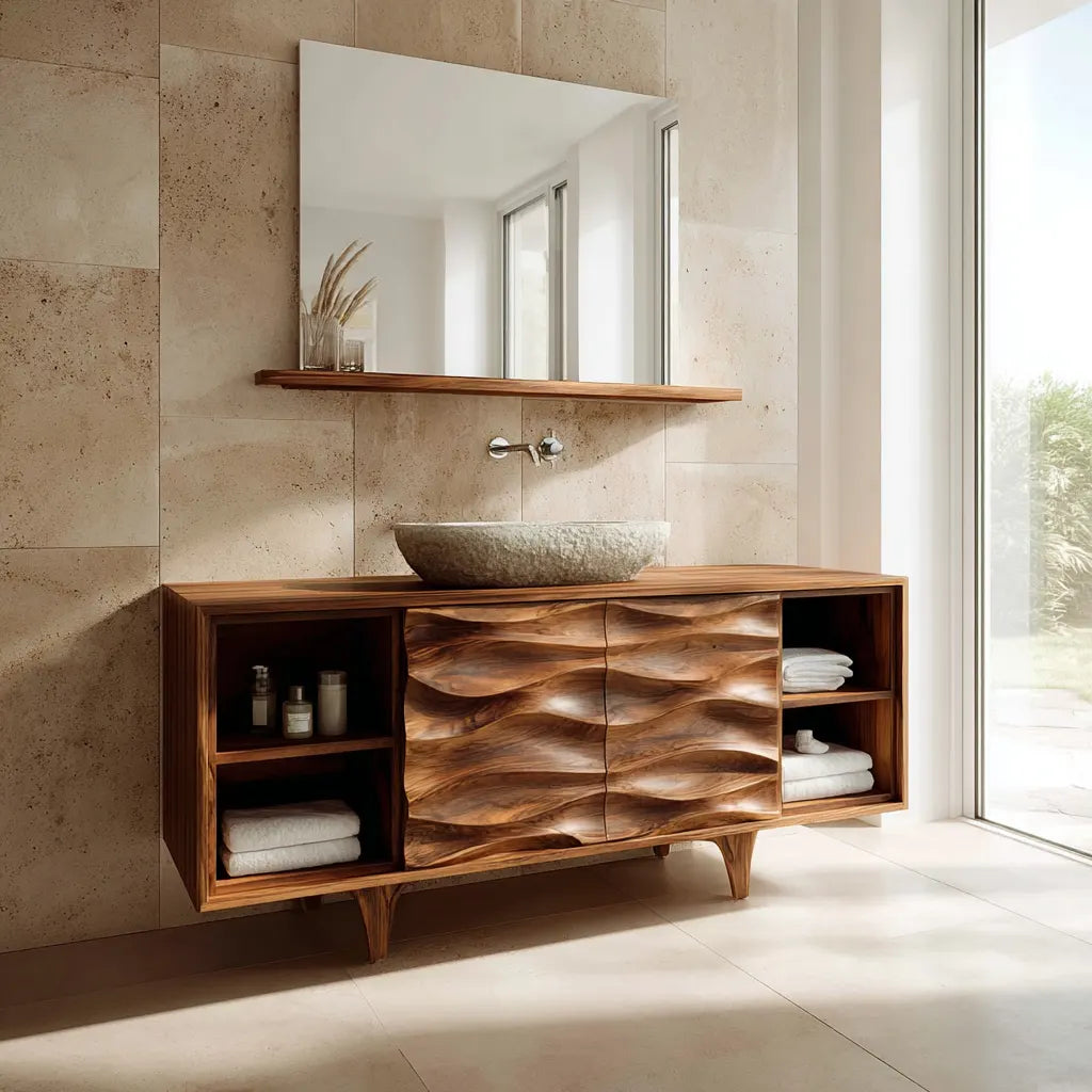Traditional Solid Wood Bathroom Vanity – Hand Carved Natural Wood Storage Cabinet - Rustirawood